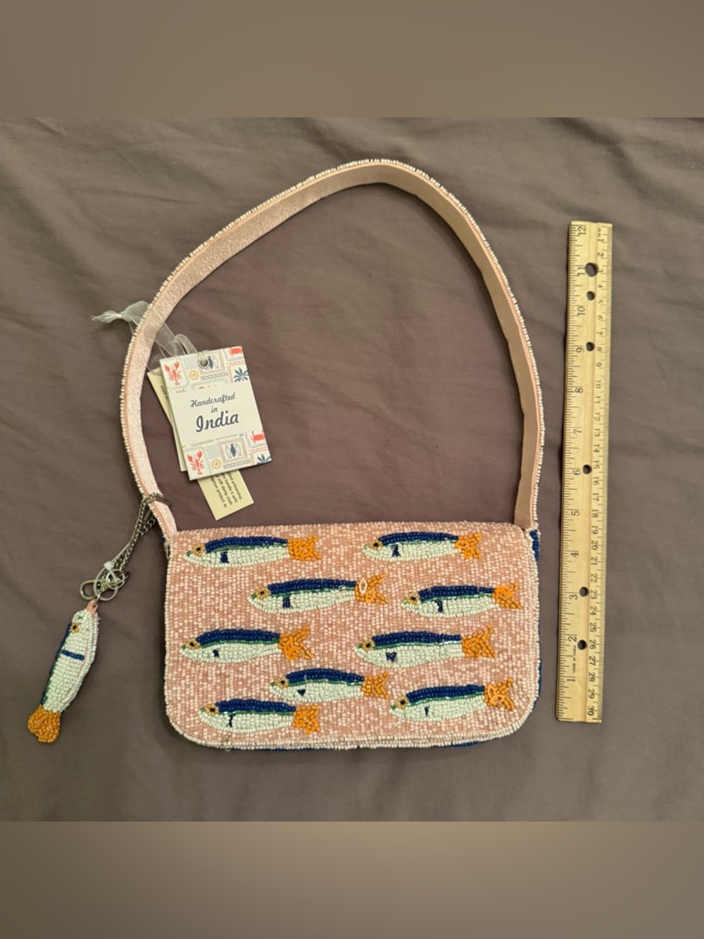 NEW NWT Viral Beaded Purse Bag Pink Sardines Fish with Charm - Made in India